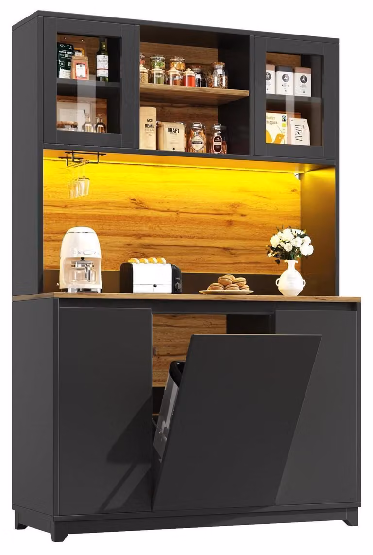 Mobiletto da cucina, credenza, 120x40x180 cm, nero, con ante in acrilico e illuminazione a LED