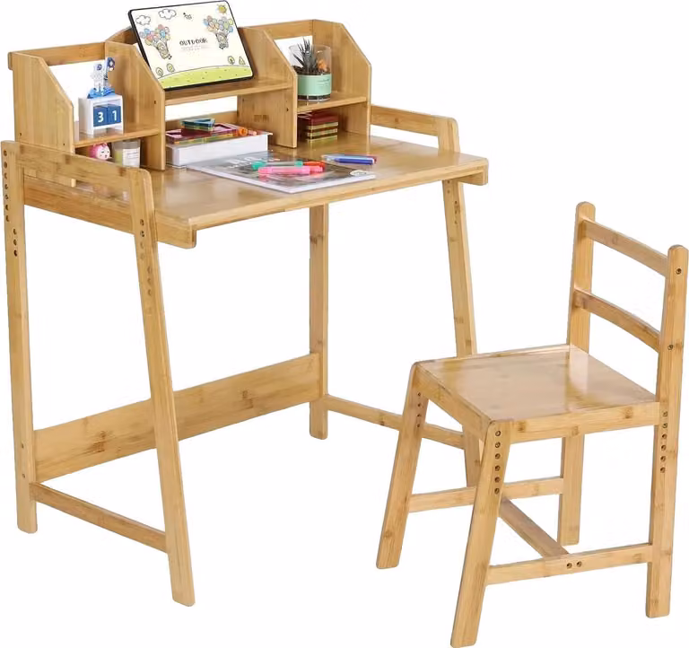 Scrivania in legno di bambù, regolabile in altezza da 87 a 95 cm, sedia regolabile in altezza da 56 a 66 cm, portata massima scrivania 100 kg, portata massima sedia 80 kg, forma rettangolare