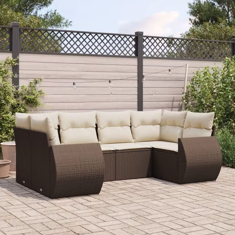 Set Divano da Giardino a L vidaXL 6 pz in Polyrattan Marrone con Cuscini Bianchi