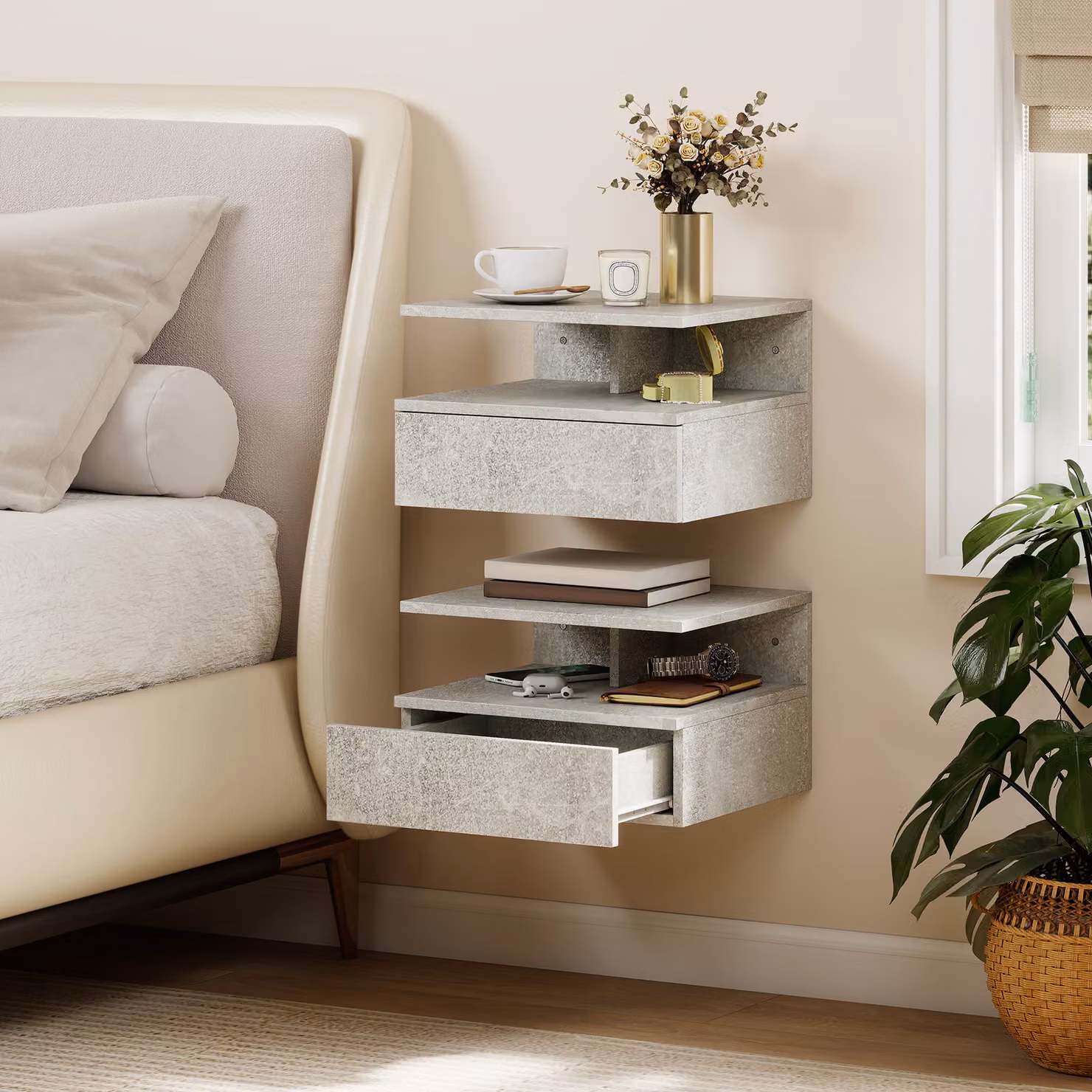 Set di 2 Comodini Sospesi HOMCOM con Cassetto e Mensola Aperta, Grigio Cemento, L 35 cm x P 32 cm x H 22,5 cm – 2