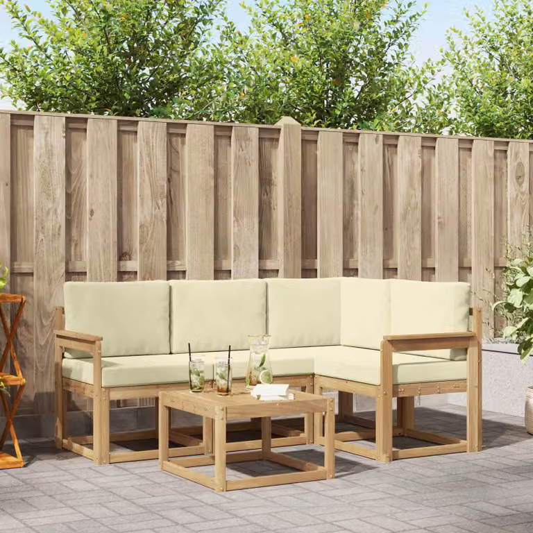 vidaXL Set di divani da esterno a L in legno di acacia con tavolino, 5 pezzi, Bianco e Beige
