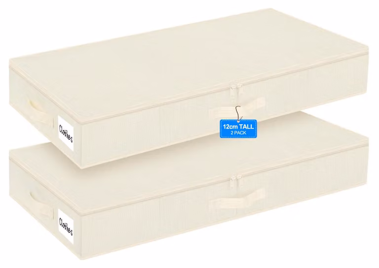 Contenitore per il letto con coperchio, 12 cm di altezza, confezione da 2, color beige, in tessuto, per riporre vestiti
