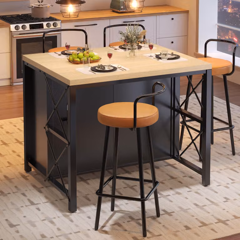 Isola da cucina con ante in vetro, piano di lavoro nero con due cassetti, barra luminosa a LED, spazio contenitivo e piedini regolabili, dimensioni 100 x 80 x 90 cm