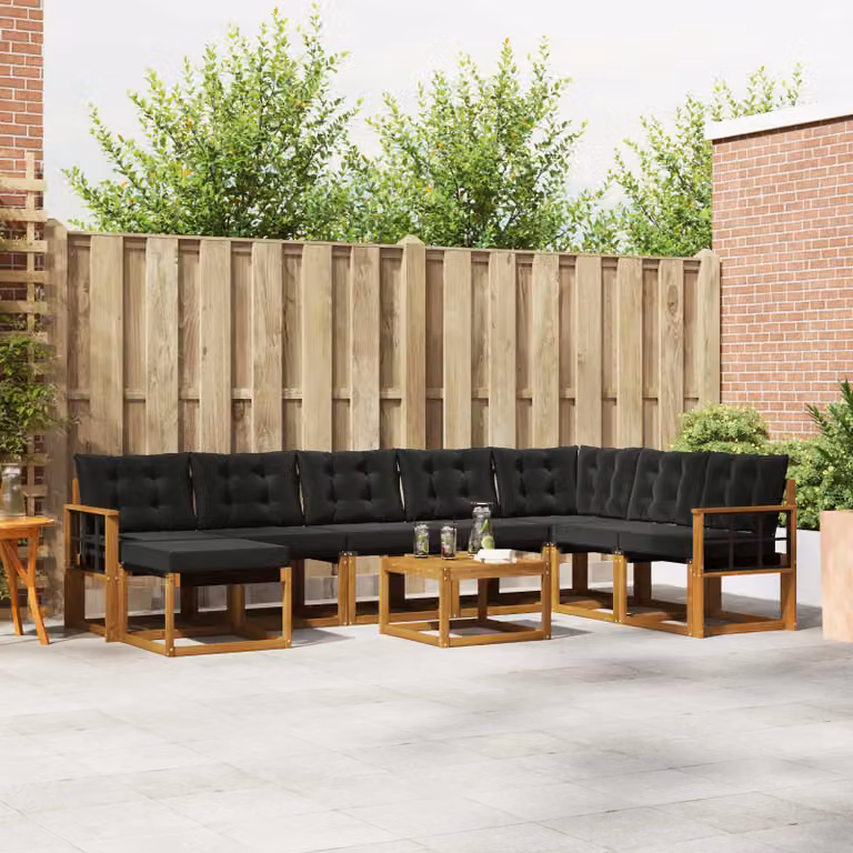 vidaXL Set di divani da esterno a L in legno di acacia con cuscini, 9 pezzi, Marrone e Nero