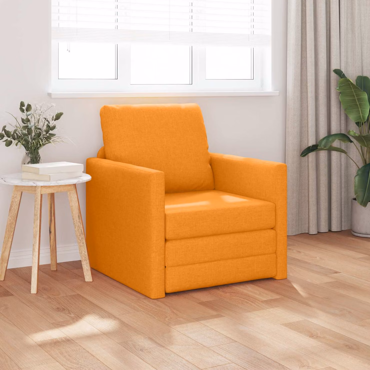 Divano letto moderno vidaXL in tessuto giallo e arancione con braccioli, modello click-clack, L: 74 cm, P: 77 cm, H: 81 cm