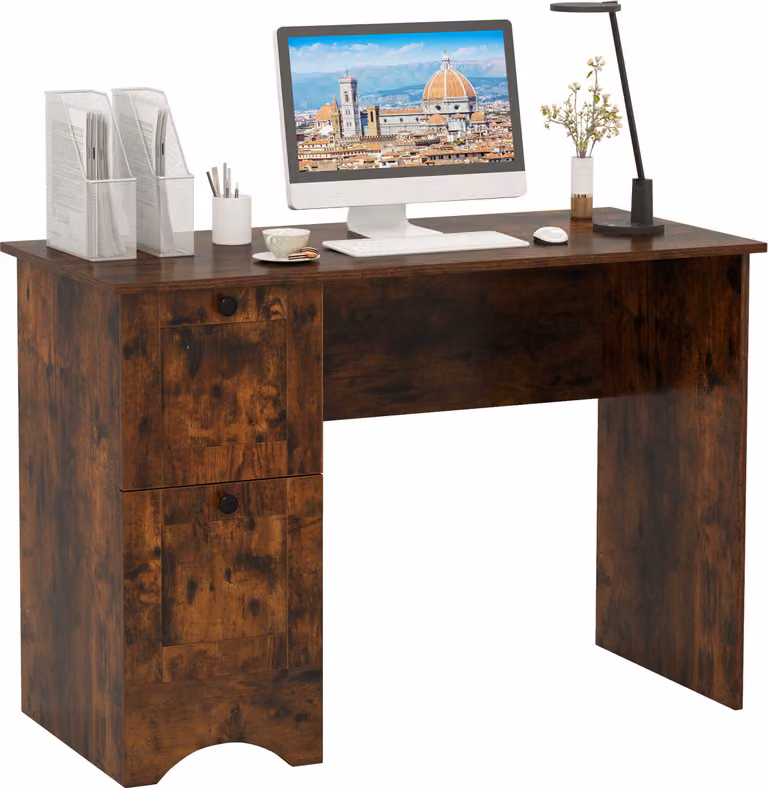 COSTWAY Scrivania con 2 cassetti, scrivania per computer piccola, scrivania per bambini, scrivania per ufficio, tavolo per PC moderno 109x50x75cm Marrone rustico