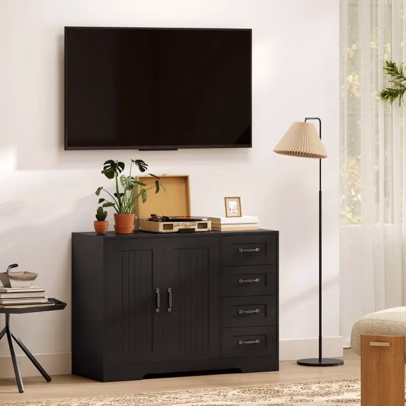 Credenza Mivray in legno nero per soggiorno e sala da pranzo con 4 cassetti e armadietto con ripiano regolabile L/P/H: 105 x 40 x 76 cm – 2