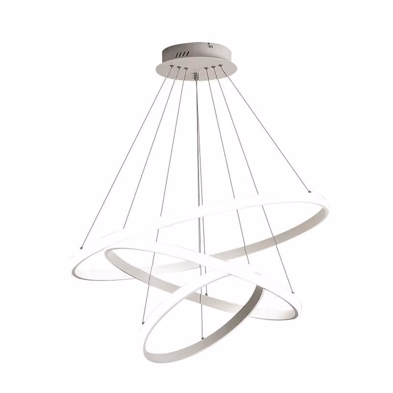 BH-246, lampada a sospensione LED con 3 anelli, dimensioni 20*40*60 cm, con telecomando. Colore e intensità della luce regolabili in modo continuo. Dimmerabile, 120 Watt. Lampada a soffitto LED, altezza regolabile, 120 cm. Design classe energetica A+