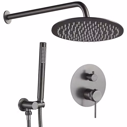 Rea - Set Doccia Da Incasso Lungo Grip Gun Grey + Box Sistema Doccia In Ottone Per Bagno (Titanio) 25x16x36cm