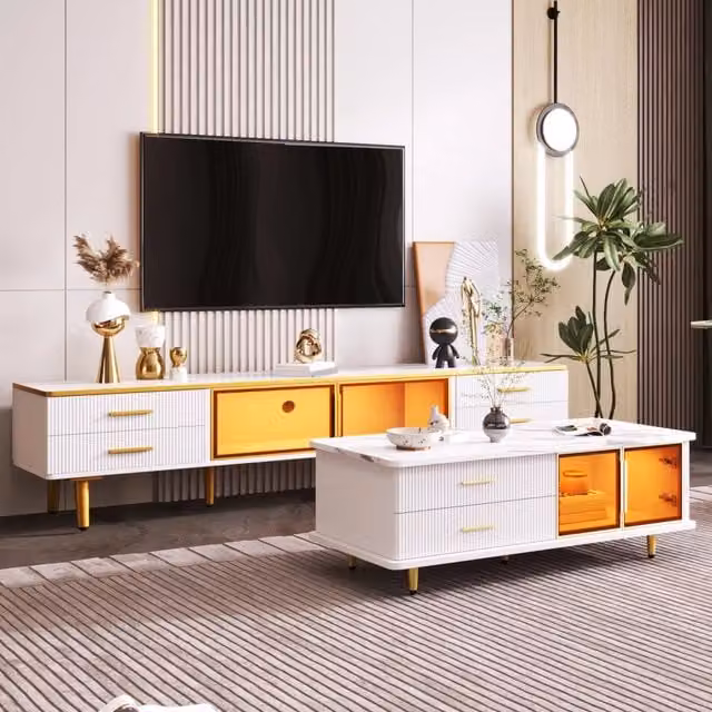 Set moderno composto da mobile TV e tavolino da caffè WISHDOR con LED, ante in vetro temperato e finitura bianca lucida, L: 170 cm, H: 62,5 cm