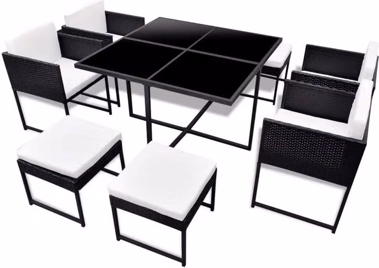 Set da Pranzo da Giardino 9 pz con Cuscini in Polyrattan Nero