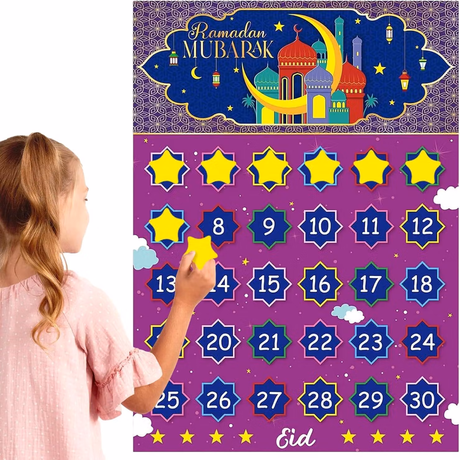 Calendario del Ramadan 2025 - Calendario di conto alla rovescia per l'Eid al-Fitr - Calendario di conto alla rovescia per "Eid Mubarak" - Calendario di conto alla rovescia di 30 giorni per "Eid Mubarak" (in feltro)