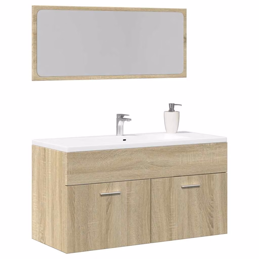 Set Mobili da Bagno Moderno vidaXL in Legno Multistrato Rovere Sonoma, composto da Mobile Lavabo e Armadietto con Specchio, Colore Marrone/Beige, L: 90,0 cm, P: 38,5 cm, H: 46,0 cm