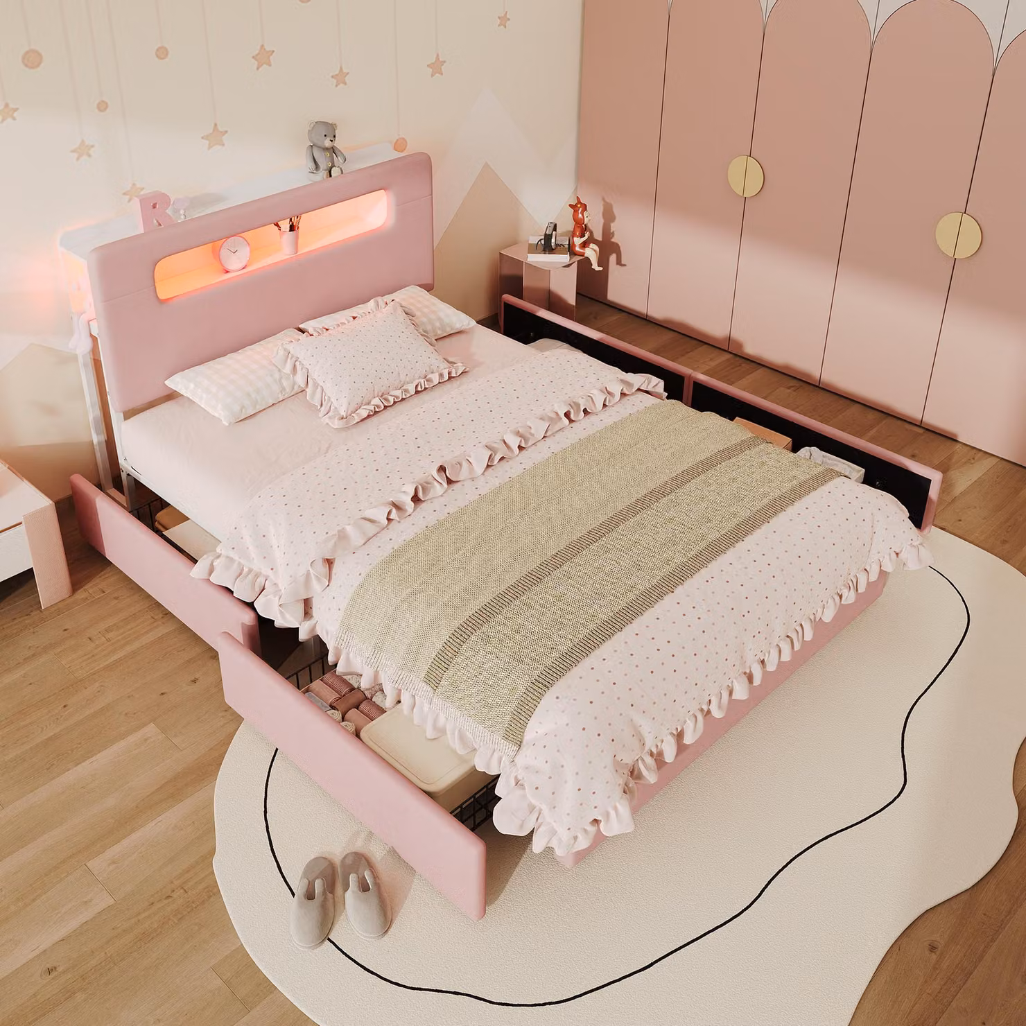 Letto imbottito per bambini 140x200 cm, color rosa, in velluto, con 4 cassetti laterali e illuminazione LED controllata tramite app, ideale per camere da letto per bambini e ragazzi