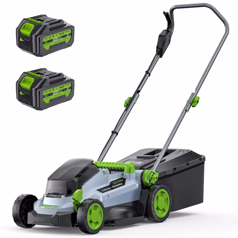 Tagliaerba a batteria - 40 V - Larghezza di taglio di 33 cm - Motore brushless - 2 batterie da 4,0 Ah con caricabatterie - Contenitore di raccolta erba da 30 litri - Regolazione dell'altezza con 5 posizioni