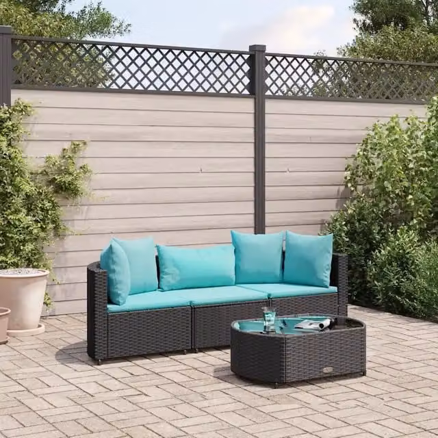 Set da giardino vidaXL composto da 4 pezzi con divano a 3 posti, elementi angolari, tavolino da caffè e cuscini in polyrattan e metallo nero e blu