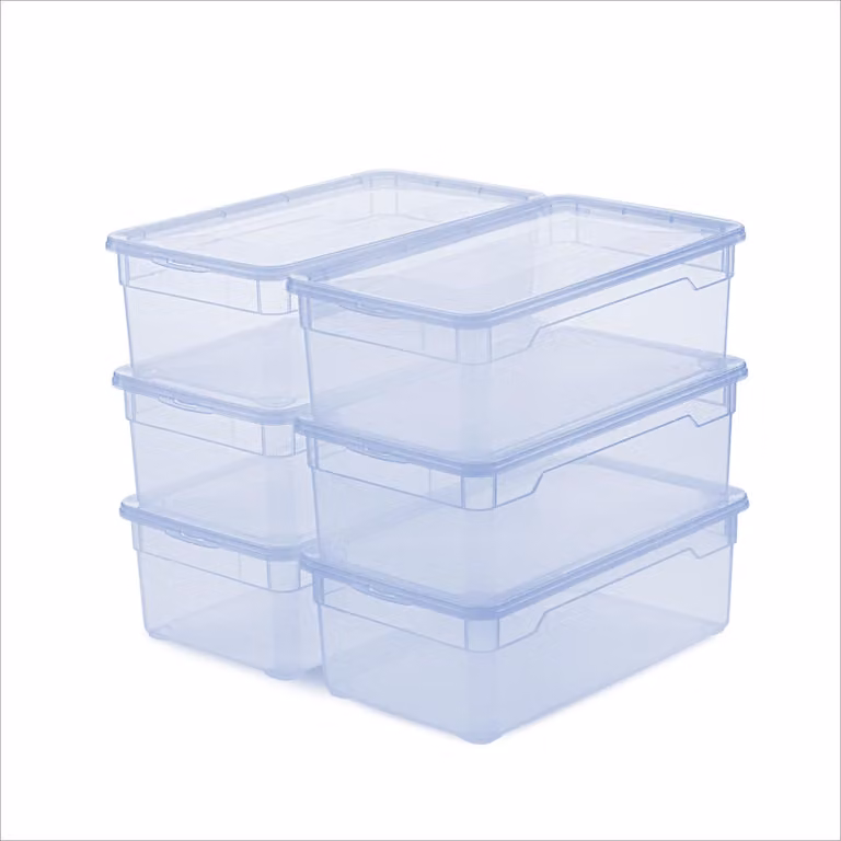 Contenitore trasparente blu Rotho Clear con coperchio, capacità 6 x 5 litri, impilabile