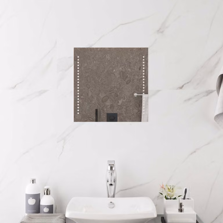 Specchio da bagno moderno vidaXL con illuminazione LED in vetro temperato trasparente, 40 x 40 cm