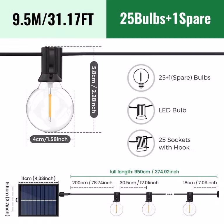 Catena luminosa solare - Catena luminosa LED G40 - 9,5 metri - 26 lampadine - Per uso esterno - Grado di protezione IP44 - Dimmerabile - Luce bianco caldo 3000 K