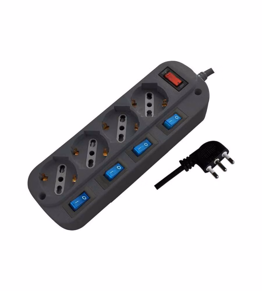 Multipresa V-TAC con 4 Prese 10/16A 2P+T Bipasso/Schuko, 4 Interruttori e Protezione Sovraccarico 3500W, Cavo 1,5m, Grigio