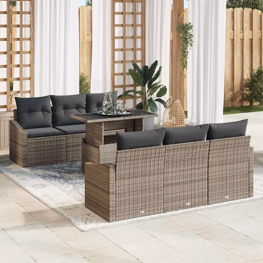 Set Divano da Giardino a L vidaXL in Polyrattan Grigio con 7 Pezzi e Cuscini inclusi – 1