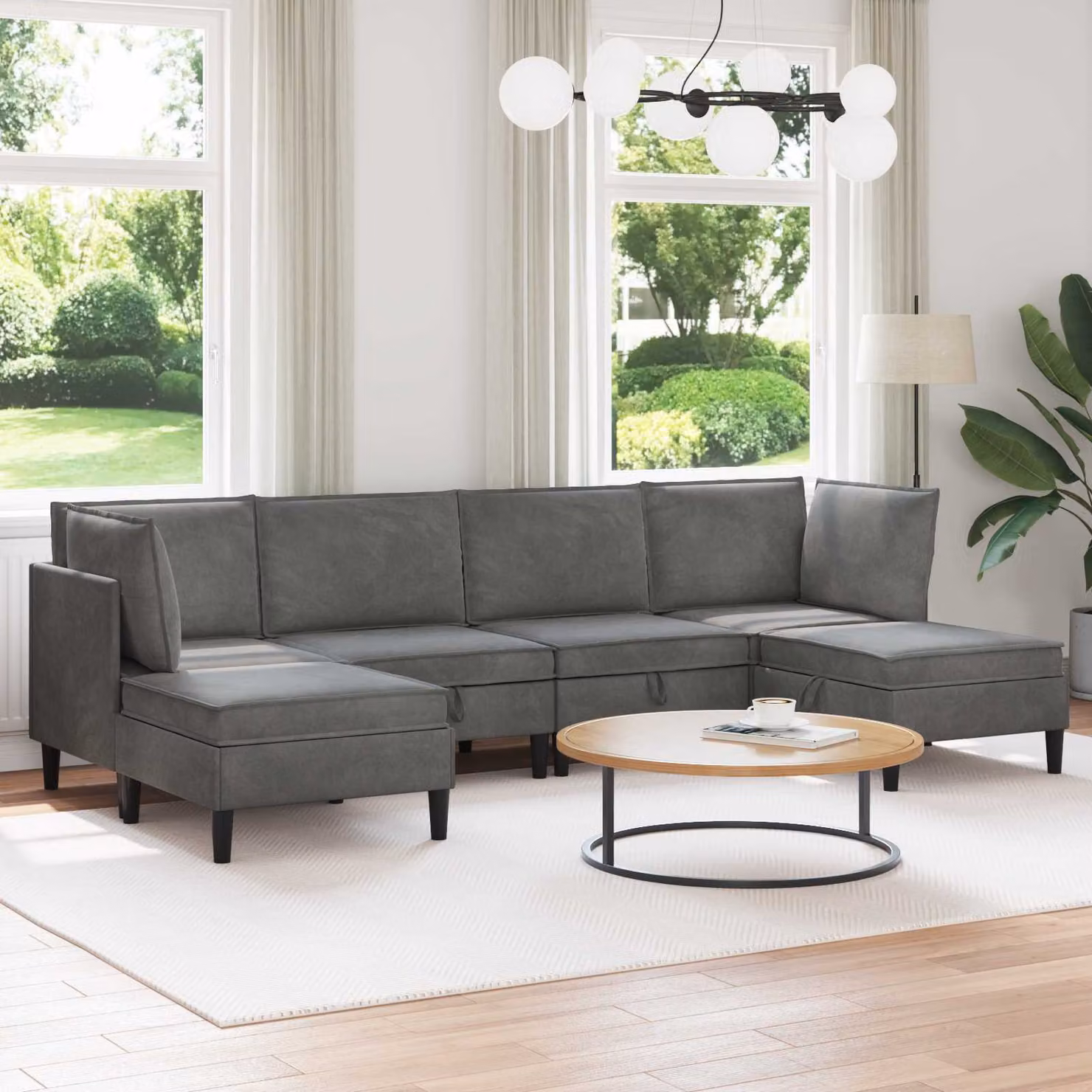 Set di mobili per il soggiorno vidaXL in velluto grigio, composizione a L con 6 pezzi e pouf incluso