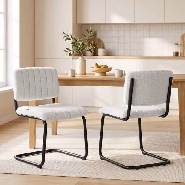 Set di 2 sedie da pranzo cantilever OKWISH imbottite con schienale alto in tessuto beige e bianco per cucina e soggiorno