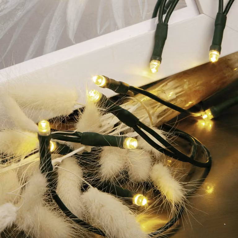 Mini catena luminosa con 10 LED bianco caldo, lunghezza 1,35 metri, cavo verde, con spina, per uso interno