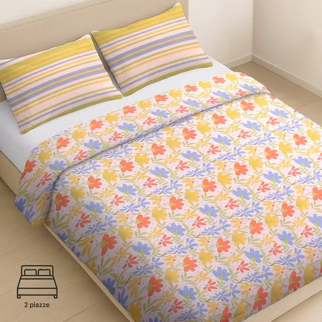 Copripiumino matrimoniale con federe in cotone a righe e fiori multicolore L 140 x P 200 cm