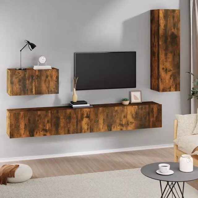 Set di Mobili Porta TV 4 pz-Set di 4 Credenza per TV Rovere Fumo in Legno Multistrato 930663