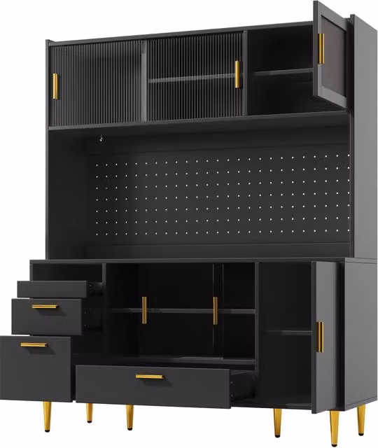 Credenza moderna con ante scorrevoli in vetro, cassetti e illuminazione LED integrata, finitura nera opaca e dettagli oro, in MDF e metallo - L: 140 cm, P: 40 cm, H: 180 cm