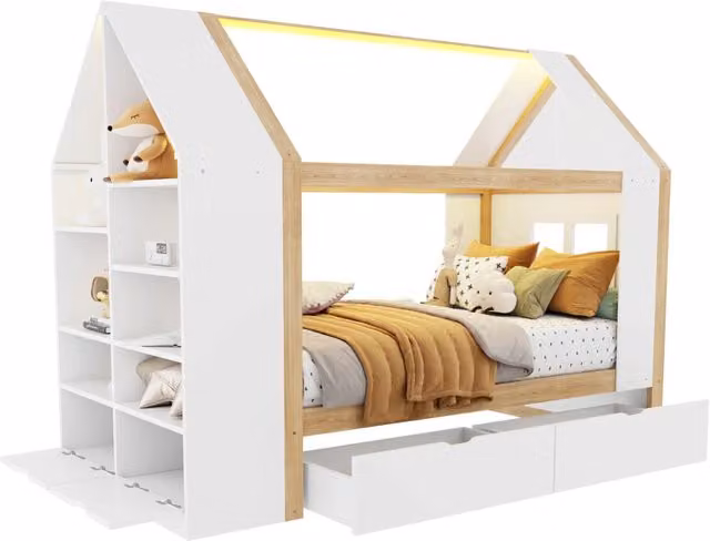 Letto per bambini Tynqer in legno e MDF con illuminazione LED e cassetti, colore bianco, L/P/H: 200 x 90 x 70 cm – 1