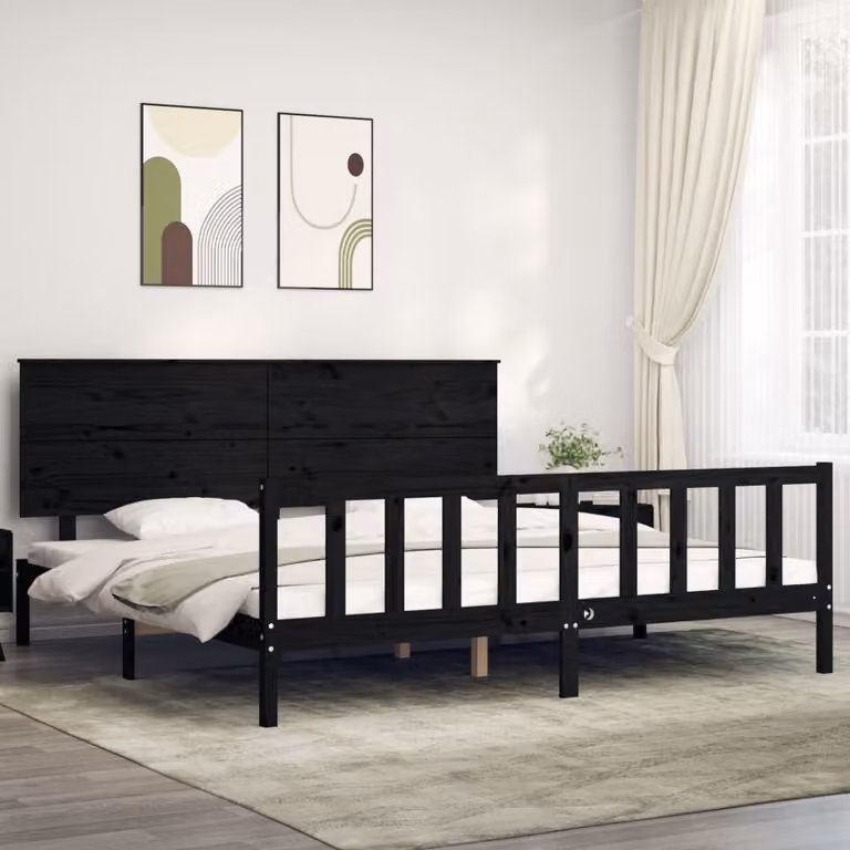 The Living Store Letto in legno massiccio con testiera nera 200x200 cm