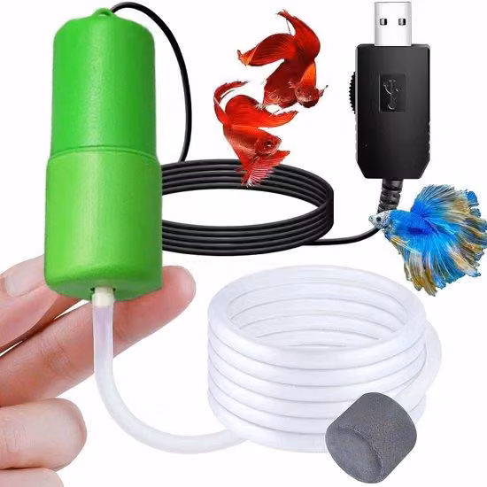 Compressore d'aria portatile per acquari e pesca, ideale per l'uso all'aperto, con regolazione della portata d'aria.