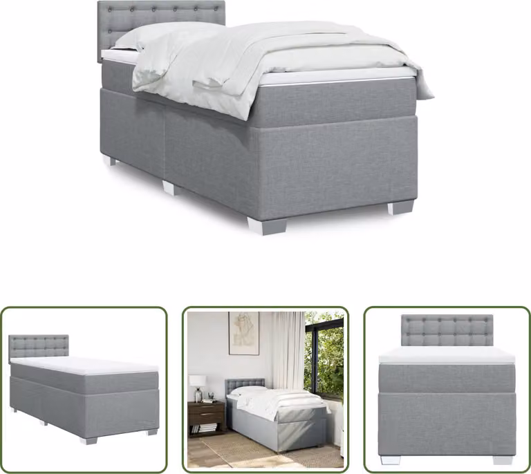 The Living Store Letto a molle con materasso grigio chiaro 90x200 cm in tessuto