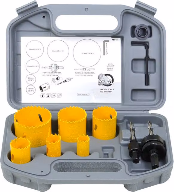 Set di 9 frese a tazza bimetalliche Tolsen in acciaio inossidabile, colore giallo, diametri: 19, 22, 29, 38, 44, 57 mm