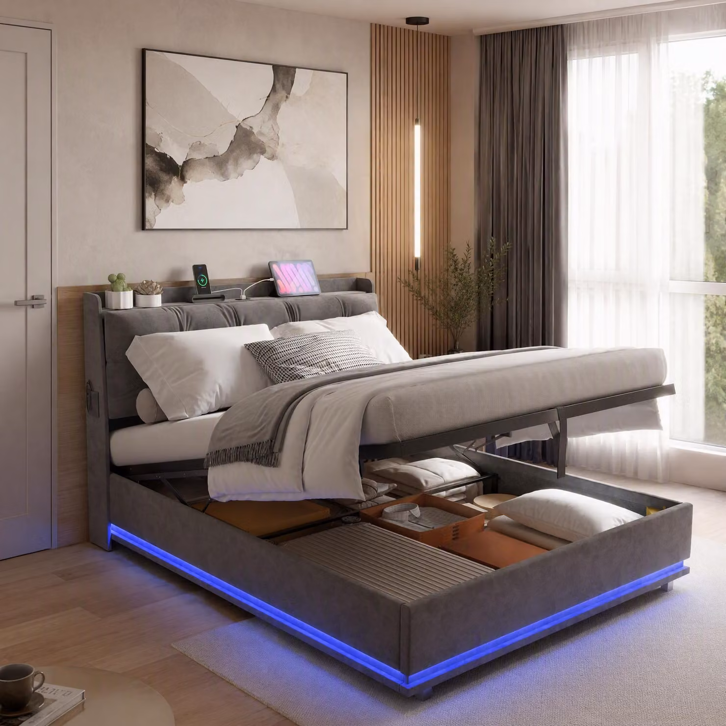 Letto imbottito INONEFT 160x200 con LED e USB, letto a molle con contenitore a sollevamento idraulico, letto per ragazzi con rete a doghe, letto matrimoniale, in velluto, grigio