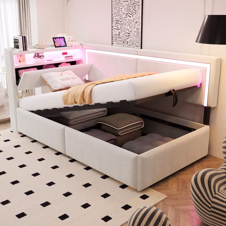 Divano letto 90x200 cm con vano contenitore a pistone idraulico, illuminazione a LED, porta USB, poggiatesta contenitore e rete a 11 listelli, rivestito in velluto color beige