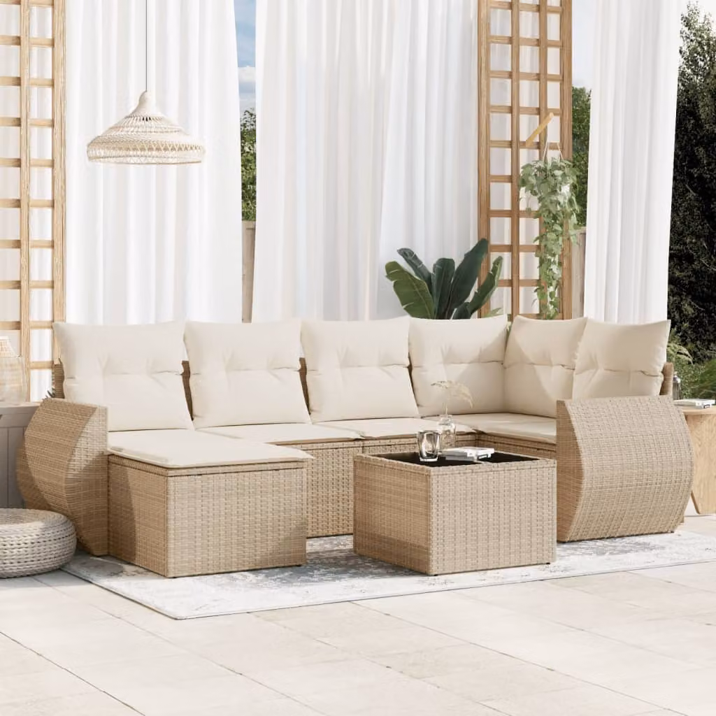vidaXL Set Divani da Giardino 7 pz in Polyrattan con Cuscini Beige e Tavolino