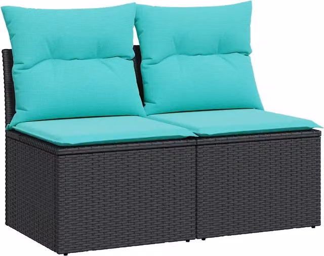 Set di Divani da Giardino Moderno Acacia con Cuscini in Poliestere Resistente ai Raggi UV e Struttura in Acciaio Nero