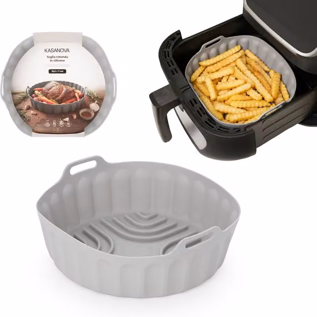 Teglia tonda in silicone KASANOVA per friggitrice ad aria, grigia, Diametro: 22,5 cm