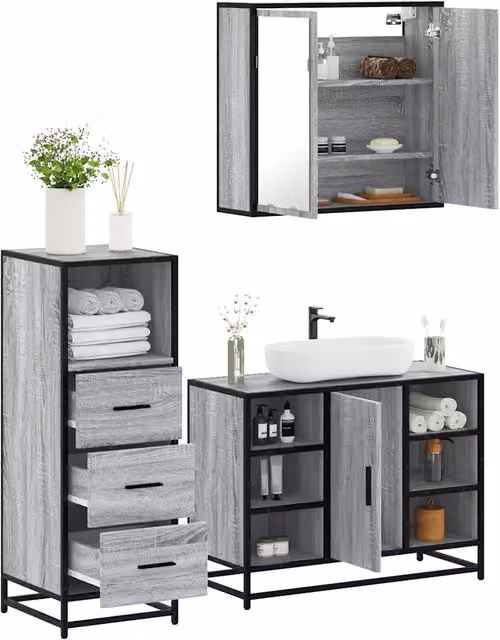 Set Mobili da Bagno 3 pz Grigio Sonoma in Legno Multistrato 3301033