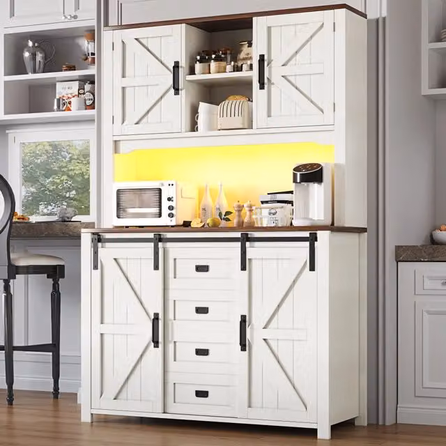 Credenza alta da cucina con ante scorrevoli, 2 cassetti e vano aperto LED, bianca, per cucina, 115 × 40 × 174.7 cm