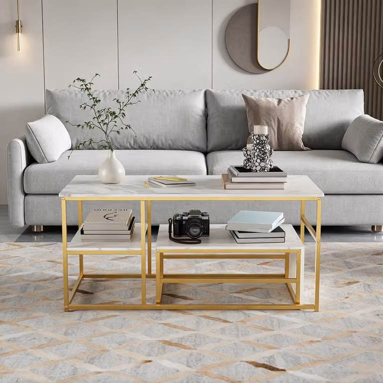 INONEFT, set di 2 tavolini da caffè, design moderno con aspetto marmorizzato, tavolini con aspetto marmorizzato e struttura in metallo, tavolini laterali con spazio contenitivo, bianco e oro