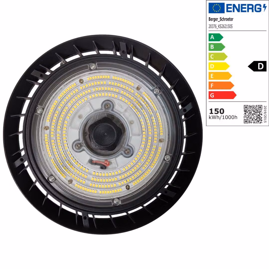 Berger & Schröter | Faretto LED UFO High Bay Light Faretto per capannoni 150 W, classe di efficienza energetica D, 18000 lumen, 6000 K luce bianca, con sensore di movimento