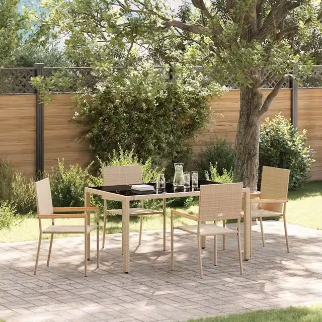 Set da pranzo per giardino e terrazzo vidaXL in polyrattan e legno di acacia, 5 pezzi, beige e marrone – 1