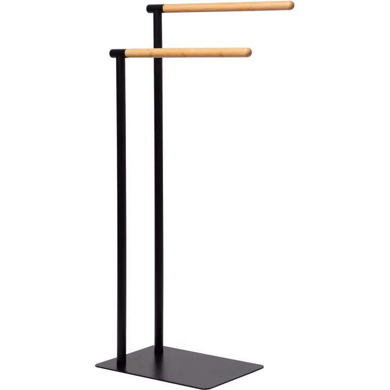 Piantana portasciugamani VESTIAMO CASA a 2 posti in acciaio inox e bamboo, colore nero, H 77 cm x L 37 cm x P 20 cm
