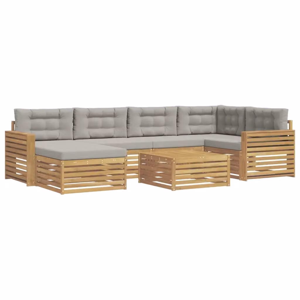 Set di divani da esterno vidaXL a forma di L composto da 7 pezzi con tavolo da caffè, pouf e cuscini, in legno di acacia e tessuto resistente ai raggi UV, Bianco e Grigio – 2