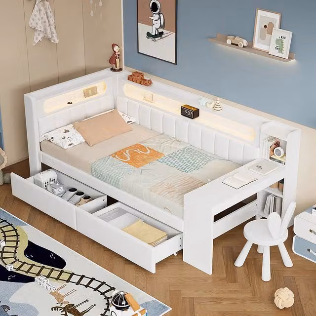 Letto a giorno-Xylo-90x200 cm-imbottito, USB, LED, scrivania, 2 cassetti, bianco