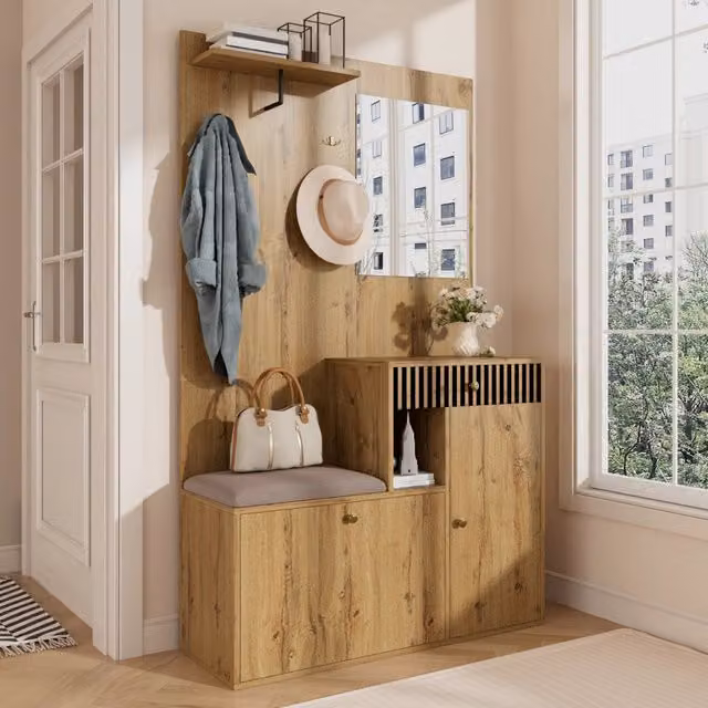 Mobile da ingresso con specchio seduta imbottita ganci e ripiani regolabili in MDF nero e naturale 110 × 37 × 185,5 cm